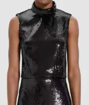 NWT Theory Womens Fluid Sequins Crop Roll Neck Sleeveless Top Blouse Black 4