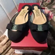 Salvatore Ferragamo Black 'Emile' bow suede mules slide flats Sz 7B NIB mint