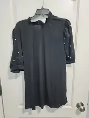 Stem & Vine Black Plus Size Top 2X Puff Sleeve With Faux Pearl