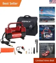 Red Tire Inflator Heavy Duty Double Cylinders, Portable Metal DC 12V Air Comp...