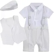 [IDOPIP] Baby Boy Gentleman Outfit Formal Tuxedo Suit Bowtie Romper Overalls with Vest Hat Birthday Wedding Party Clothes