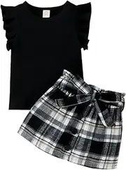 [Hopscotch] Girls Cotton and Polyester Checkered Blouse and Skirt Set in Black Color, Black, 18-24 Months