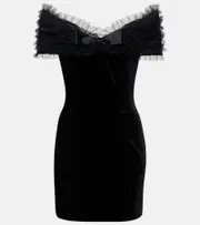 [Alessandra Rich] Alessandra Rich Off-shoulder velvet and tulle minidress AU 10 black