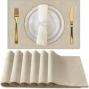 excovip Durable Woven Placemats Set of 6 - Double Thickened Linen Placemats,Washable and Reusable Table Mats for Kitchen Decor Flaxen 45 X 30 cm 0025