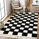 Checkered Boho Rug for Bedroom, 4x6 Living Room 4' x 6' Black and White/Beige