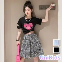 在飛比找momo購物網優惠-【UniKids】中大童裝愛心短袖T恤 韓版女團風破袖設計感