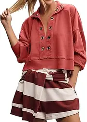 [Flygo] Sweatshirt for Women Pieced Popover Henley Top Cropped Lapel V Neck Pullover Oversized Sweatshirts 2025 Trendy