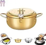 Achievementk - Stainless Steel Frying Pot, Japanese Tempura Deep Fryer Pot, 304 Stainless Steel Deep Frying Pan with Lid, Suitable for Kitchens, Restaurants, Hotels (Gold,4.2L)