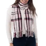 Style & Co Scarf Womens One Size Ivory Black Pink Fringe Trim Chenille Warm Cozy