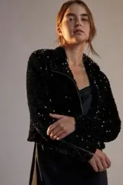 Anthropologie New Maeve Malia Sequined Moto Jacket Black size S NWT