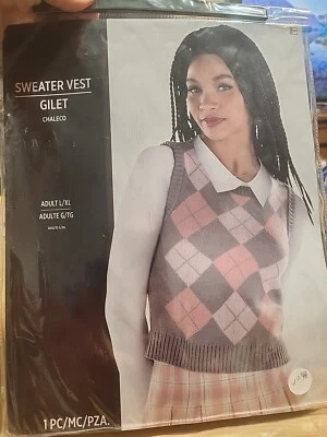 Sweater Vest Womens L/XL Argyle Pink Gray 90s Preppy Halloween Costume #4038