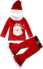 [Generic] Girls Christmas Clothes Toddler Baby Kids Girls Suit Christmas Cosplay Patchwork O Neck Pullover Tops Pants Hat 3PCs Set Outfits 5 Piece Baby (Watermelon Red, 12-18 Months)