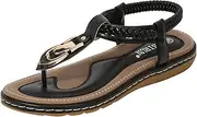 [Generic] Women's Summer Bohemian T-Strap Open Toe Sandals Braided Flat Casual Slippers Ladies Ankle Elastic Thong Beach Flip Flops (Black 01 4.5 UK)
