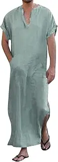[Jacansi] Men's V-Neck Short Sleeve Robe Side Split Kaftan Cotton Long Gown Thobe M-3XL