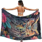 [RPLIFE] Owl and Flower Leaves Swimsuit Coverup Women Sarong, Fringe Sarong Wrap for Summer Pool/beach, Large, Owl and Flower Leaves, Large