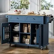Kitchen Island on Wheels with Storage, 53" Portable Rolling Kitchen Island Wood Table with Drop Leaf, Mobile Storge Islands Cart with Drawers, Cabinets, Spice & Towel Rack, Open Shelf, Blue