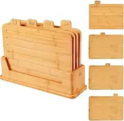 9SHOME 4Pcs Bamboo Chopping Board Set with Juice Grooves, Colour Coded Wooden Cutting Boards Set with Stand for Bread Vegetables Prep Meat Cheese Beef Fish and Fruits
