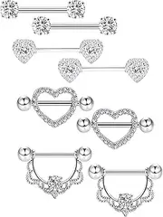 [Tatuo] 4 Pairs Stainless Steel Nipple Rings Tongue Ring Piercing Body Jewelry Barbell CZ Heart Shape Rings for Women Girls