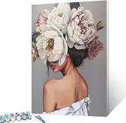 Fashion Girl with Flowers on Head Paint by Numbers for Adults Modern Art Style Figure Lady Painting by Number for Adults Beginner Acrylic Oil Painting Set Lady's Back Artwork Without Frame 16''Wx20''H