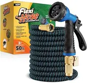 Flexi Hose with 8 Function Nozzle Expandable Garden Hose, Lightweight & No-Kink Flexible Garden Hose, 3/4 inch Solid Brass Fittings and Double Latex Core, 50 ft Blue Black