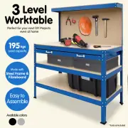 3-Layer Steel Work Bench Garage Storage Table Tool Shelf Pegboard Drawer- Blue