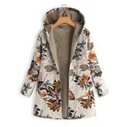 Nevenka Womens Bohemian Floral Print Jacket Plush Hooded Warm Coat-A