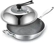 Stainless Steel Wok Uncoated Non-Stick Pan Induction Compatible Kitchen Frying Pan Suitable for Gas Stove(34cm)