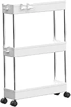Storage Cart, 3 Tier Rolling Cart, Plastic Trolley with Wheels & Metal Rod & Detachable Hooks, Hollow for Office, Living Room, Kitchen