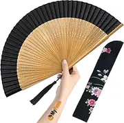 OMyFans Hand Fan for Women Foldable - Folding Chinese Japanese Vintage Bamboo Silk Fan - Ideal for Hot Flashes, Church, EDM, Festivals, Dancing and Gifts (Bamboo-S)