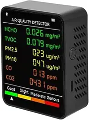 6 in 1 PM2.5 PM10 HCHO TVOC CO CO2 Multifunctional Air Quality Detector Carbon Dioxide Formaldehyde Monitor LCD Large Screen Display Portable Home Office Hotel Desktop Tester, Black