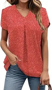 [PrinStory] Womens Summer Dressy Chiffon Blouses V Neck Petal Short Sleeve Ladies Tops Summer Casual T Shirts