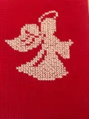 Finished completed cross stitch white angel on red for card or ornament