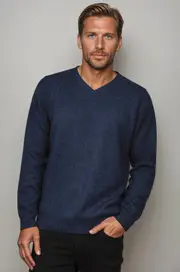 Ansett Denim Blue Cashmere Merino Wool V Neck Jumper