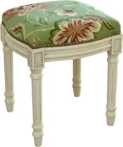 Vanity Stool Jacobean Floral Flowers Backless Antique White Wash Green Antiqued