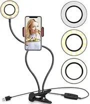 HuaerHui Clip on 3.5inch Ring Light with Cell Phone Holder Stand for Live Stream/Makeup, Flexible Gooseneck Arm Clamp 3 Color Modes Led Light Compatible w/All Smartphone