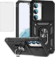 [Asuwish] Mobile Phone Case for Samsung Galaxy S23 Plus S23+ 5G Case with Glass Film Tempered Glass Screen Protector Camera Protection Slider and Magnetic Ring Stand S23plus 23S S 23 + 23+ Slim Phone