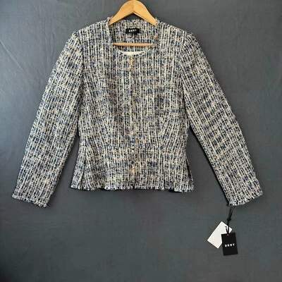 DKNY Womens Size 8 Classic Tweed Peplum Blue Career Blazer Jacket