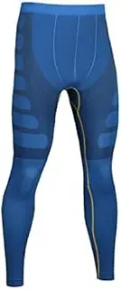 [RIIOO] Men's Sport Pants Compression Pants for Men Base Layer Workout Running Active Cool Dry Fitness Leggings Tights L Blueyellowline