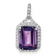 14K White Gold Emerald-cut Amethyst and Real Diamond Halo Pendant