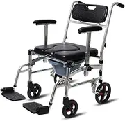 Commode Chair with Wheels, Heavy Duty Shower Chair, Foldable Medical Toilet Seat, Aluminum Alloy, with Adjustable Armrests