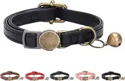 THAIN Leather Cat Collar with Bell Breakaway- Adjustable, Durable, Retro Bell fit Most Cats and Kittens (Black)