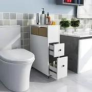 Giantex Movable Bathroom Storage Cabinet, Narrow Toilet Side Cabinet w/ 2 Slide Out Drawers, 2 Rattan Baskets & Storage Shelves, Free Standing Toilet Paper Holder on Wheels for Small Spaces, White