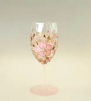 Wine Glass Single, Pink Rose Floral Design Swarovski Crystals Hand Painted