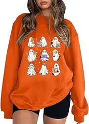 [Numaller] Halloween Sweatshirts for Women Ghost Oversized Crewneck Sweatshirt Cute Pumpkin Graphic Hoodies Fleece Pullover