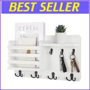 Space-Saving Wall Mail Organizer with Four Key Hooks - Rustic Farmhouse Decor