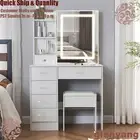 Dressing Table and Stool 6 Drawers Makeup Desk Vanity Set w/ LED Lighted Mirror