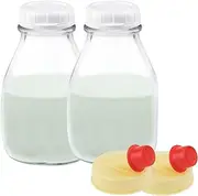 [kitchentoolz] 16 Oz Glass Milk Bottle with Lid - 16 Ounce Short and Wide Glass Milk Container for Refrigerator with Tamper Proof Lid and Pour Spout - Pack of 2