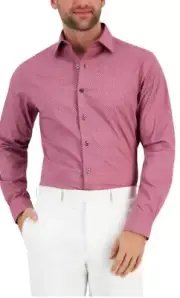 Alfani Men Puzzle Button Down Dress Shirt Rose Red White Large 16-16.5 32-33