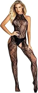 [OXDOHUE] Sexy Bow Bodystocking Mesh Body Lingerie Catsuit Underwear Lingerie Mesh Tights Hollow Jumpsuit Women Bodysuit Sleepwear Sleeveless - Black