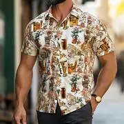 Men's Oktoberfest Beer Tropical Plants Flowers Shirt Summer Shirt Button Up Shirt Short Sleeve Fashion Casual Outdoor Holiday Summer Spring Turndown 3D Print C